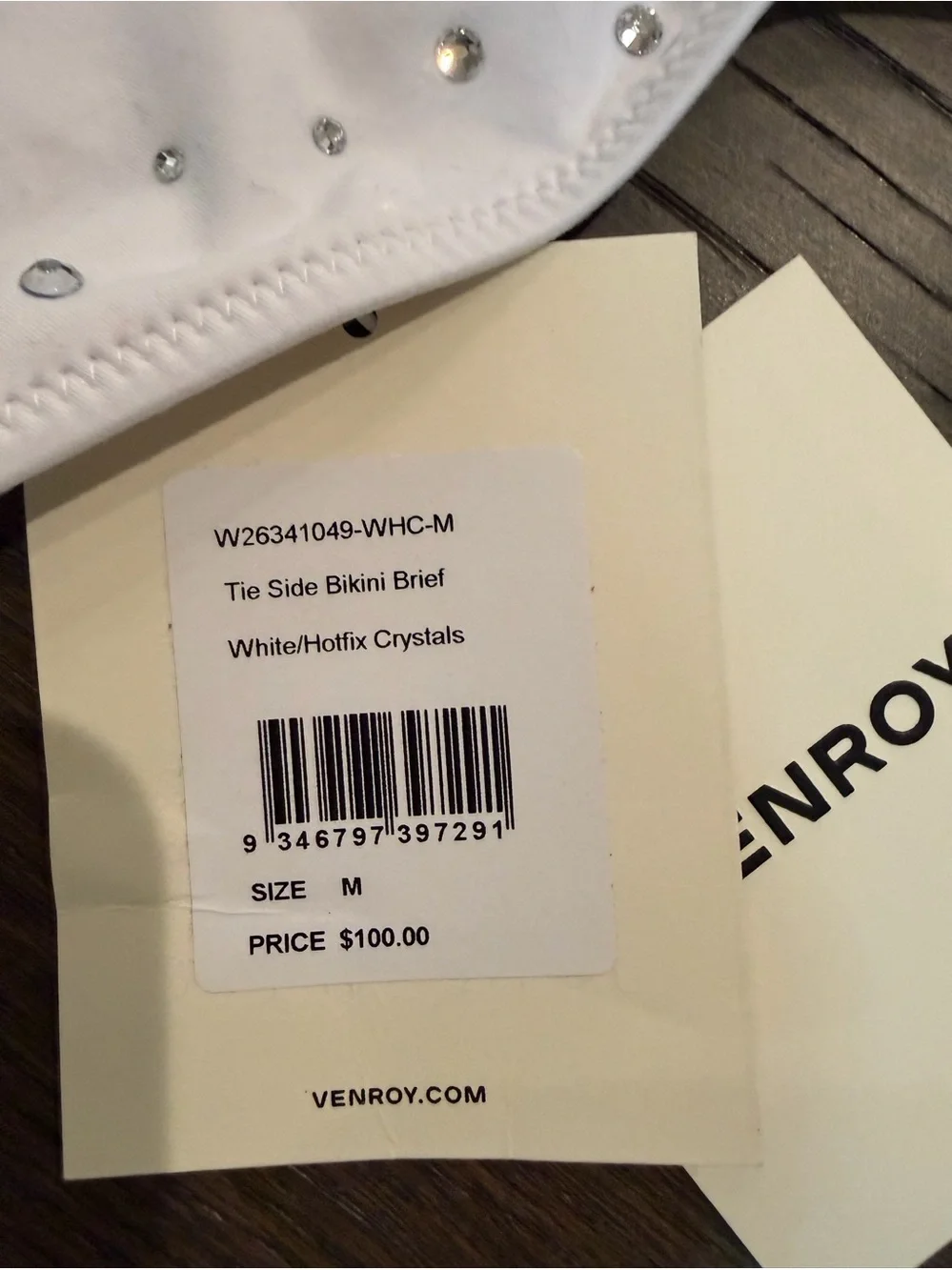 Venroy Tie Side Bikini Brief Bottom in White/Hotfix Crystals. NWT. Size medium.